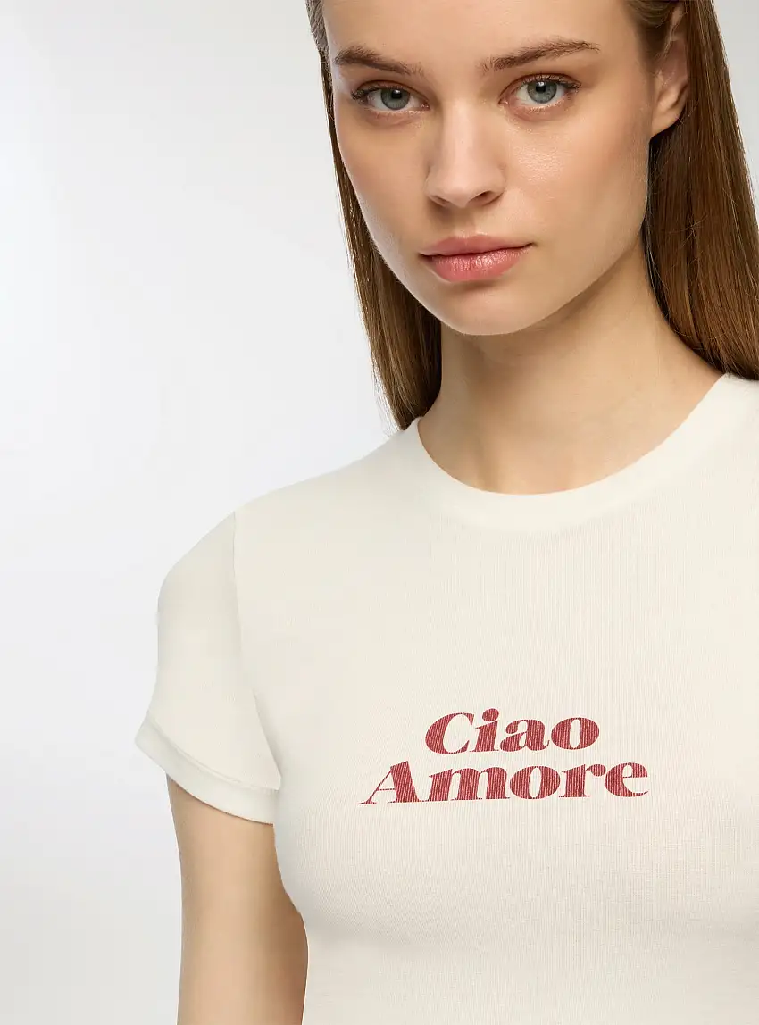 T-shirt slim fit con scritta Bianco lana