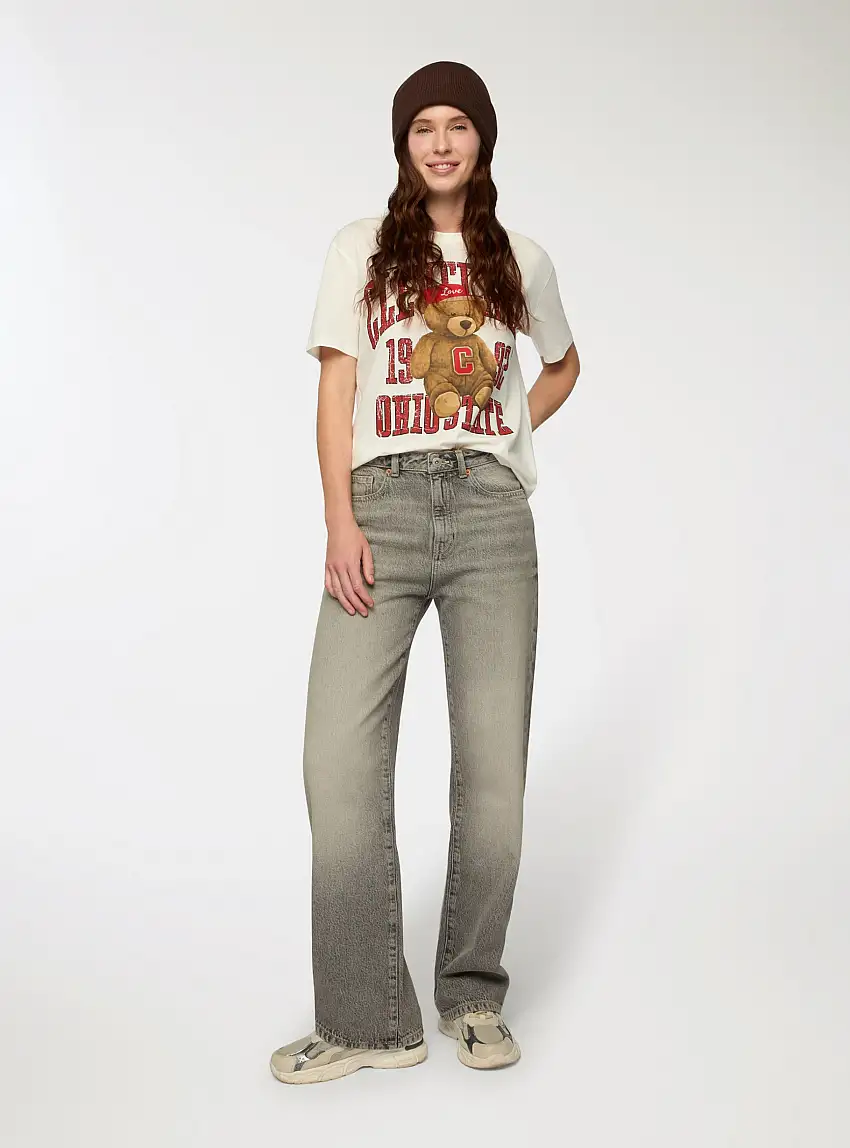 T-shirt ampia con stampa orsetto Bianco lana