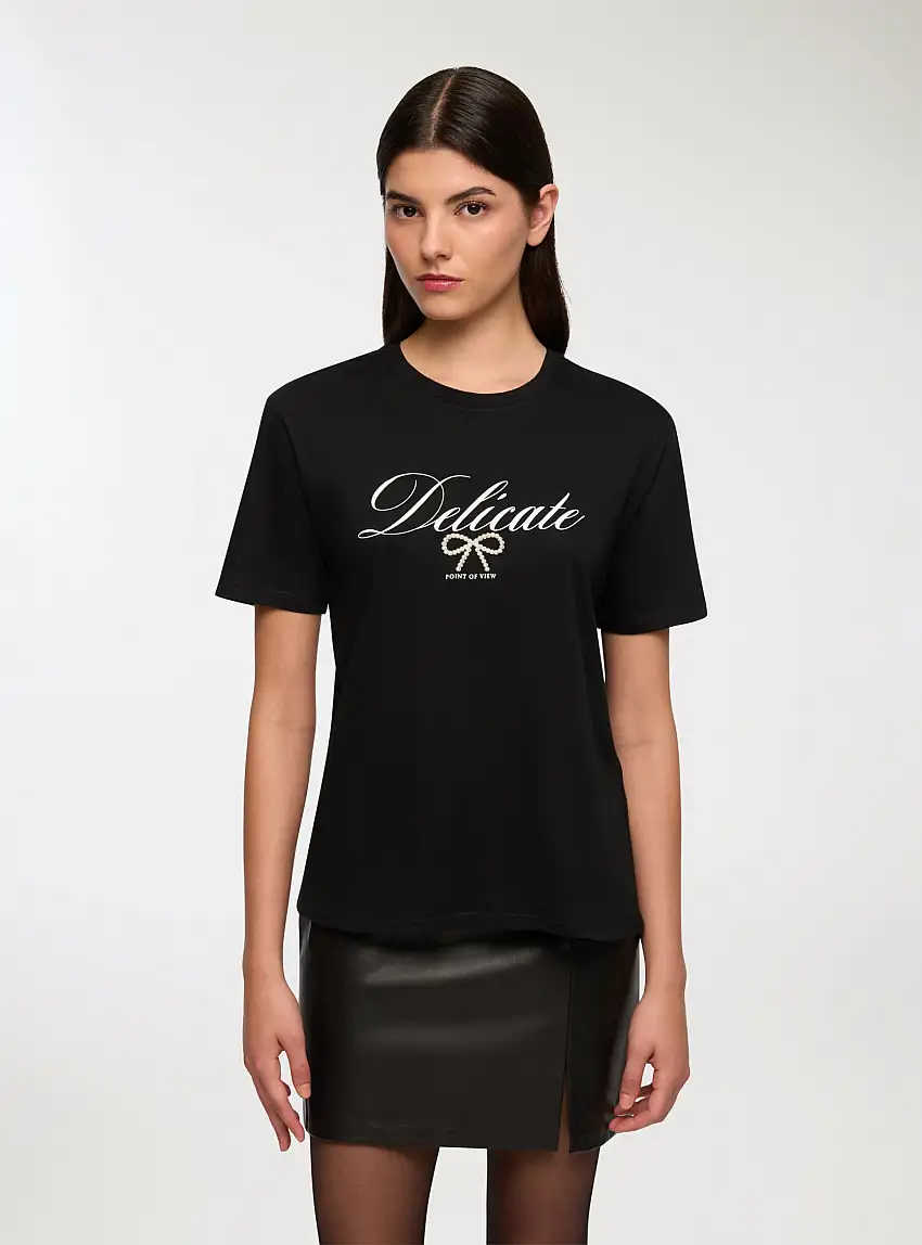 T-shirt ampia con scritta e fiocco Nero