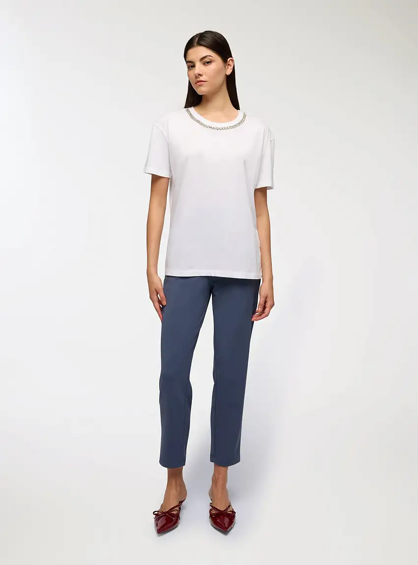 Maglietta girocollo con strass Bianco ottico