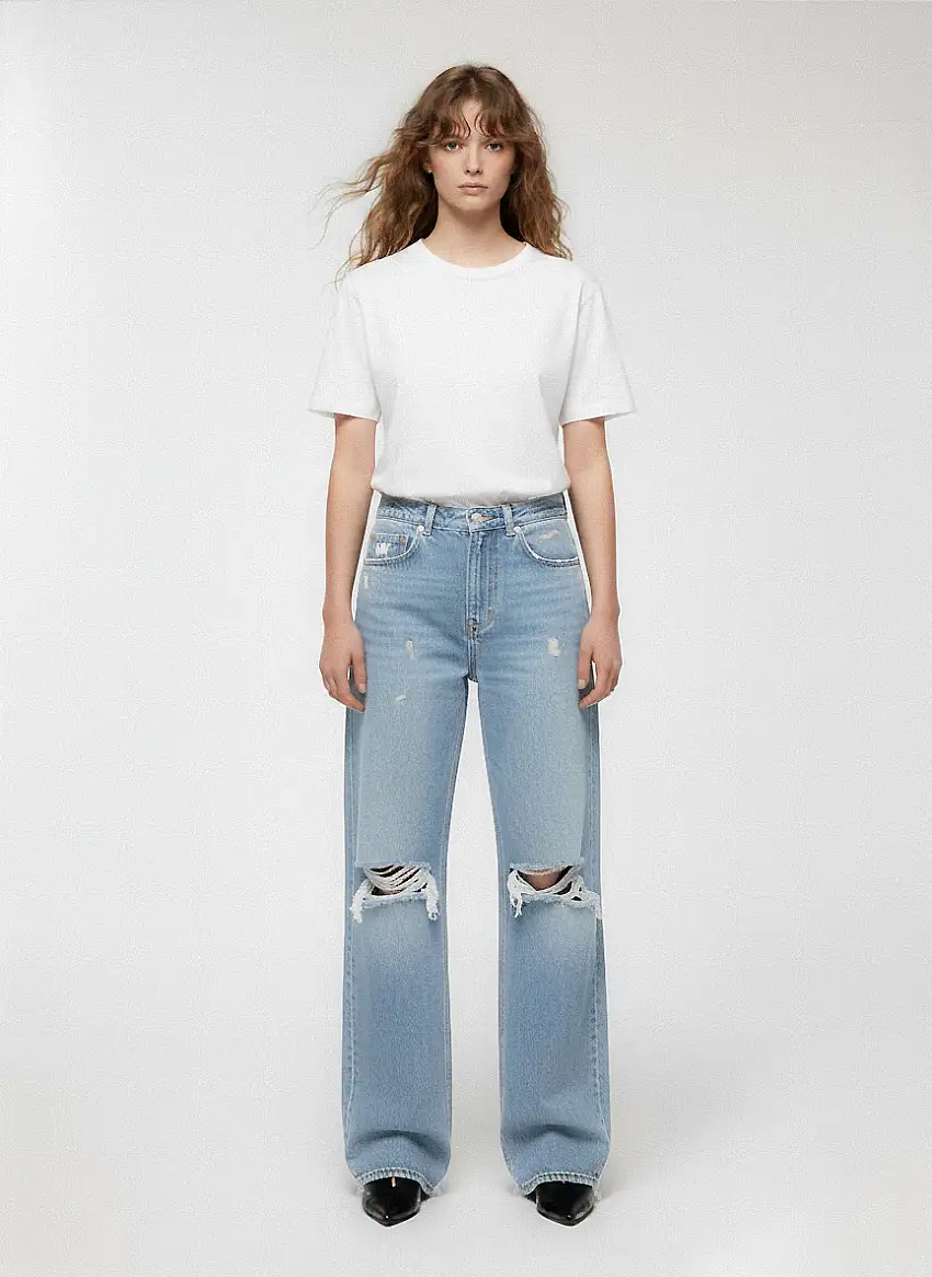 Jeans chiari wide leg con strappi Blu denim chiaro