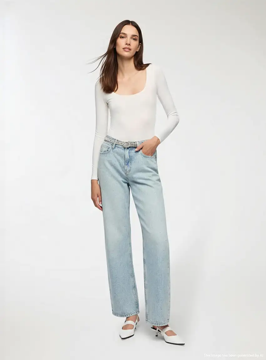 Jeans wide leg chiari con strass Blu denim chiaro