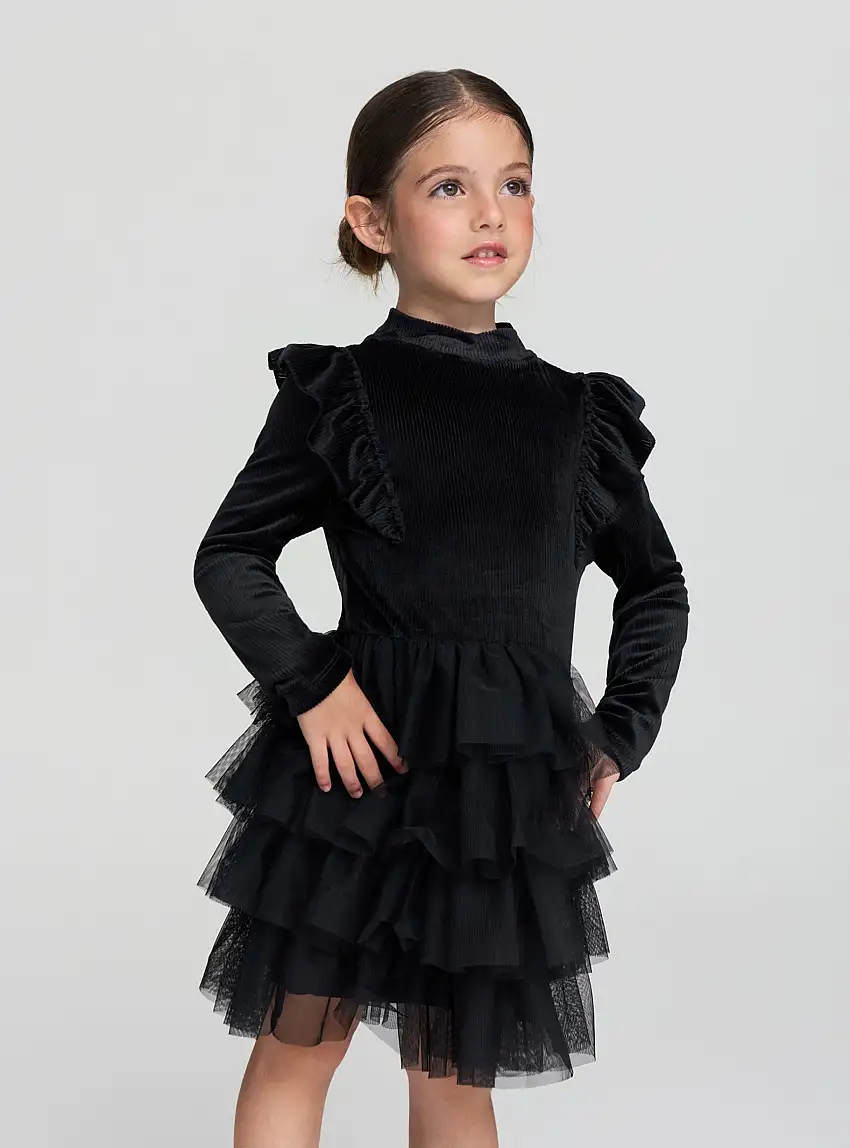 Vestito maniche lunghe con gonna a balze Nero