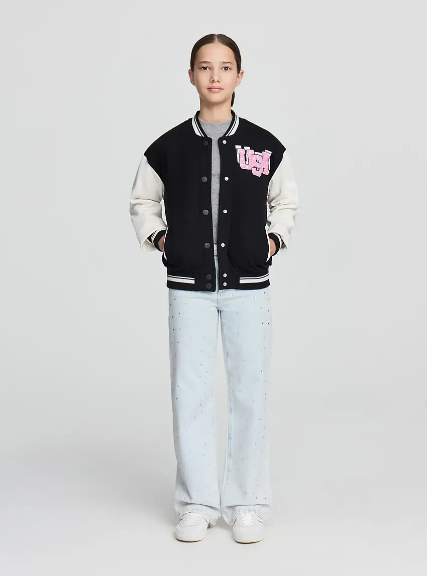 Bomber stile college in felpa Nero