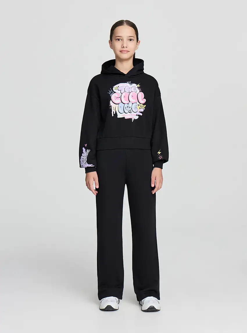 Felpa crop con cappuccio e stampa Nero