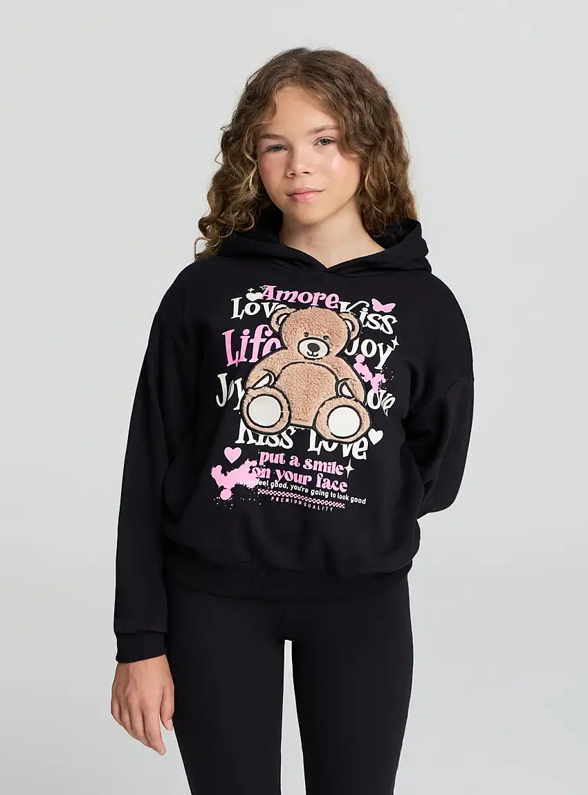 Felpa con cappuccio e stampa orsetto Nero