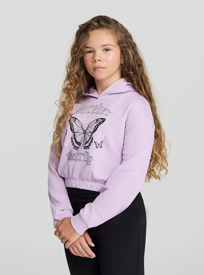 Felpa crop con cappuccio e stampa Lilla scuro