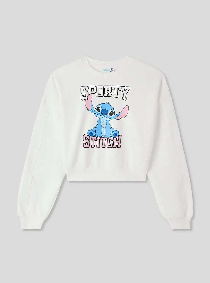 Felpa crop con stampa Stitch® e scritta Bianco lana