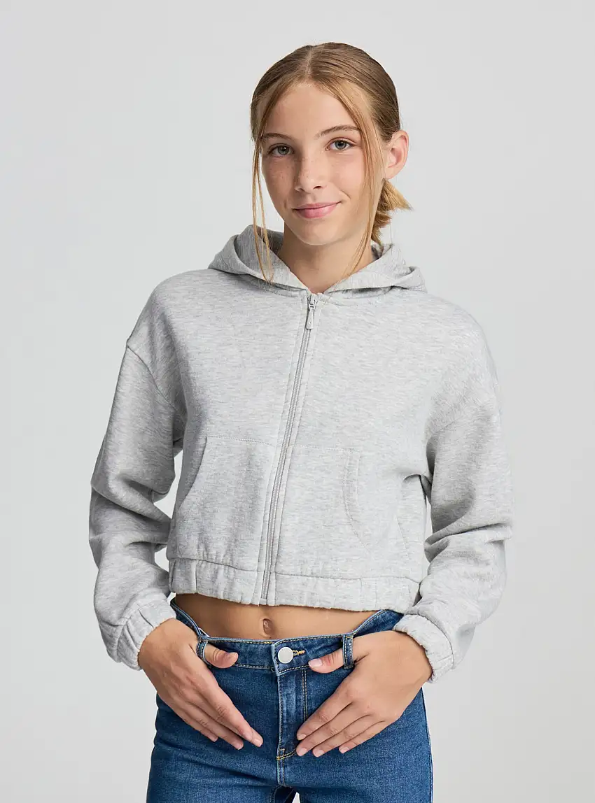 Felpa crop con cappuccio e zip Grigio chiaro melange