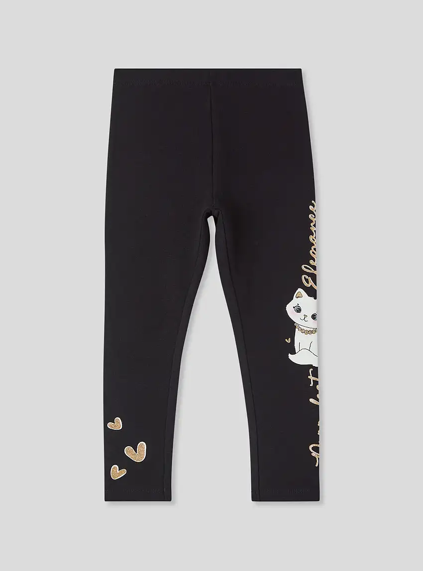 Leggings con gattino e dettagli glitterati Nero