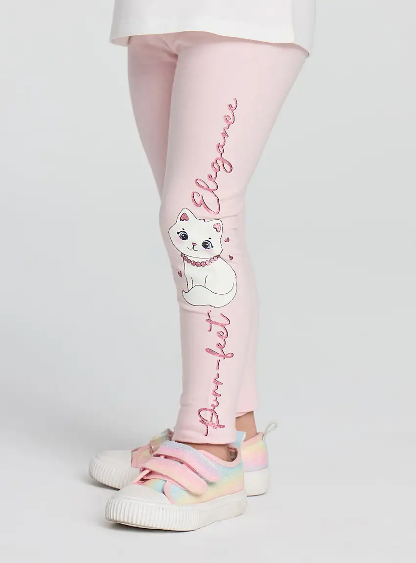 Leggings con gattino e dettagli glitterati Rosa cipria