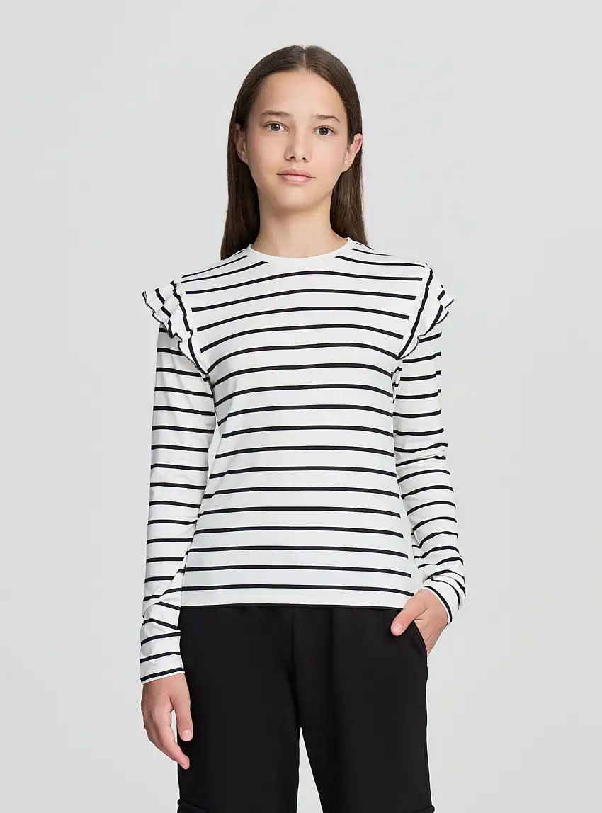 T-shirt a righe con volant Var bianco lana