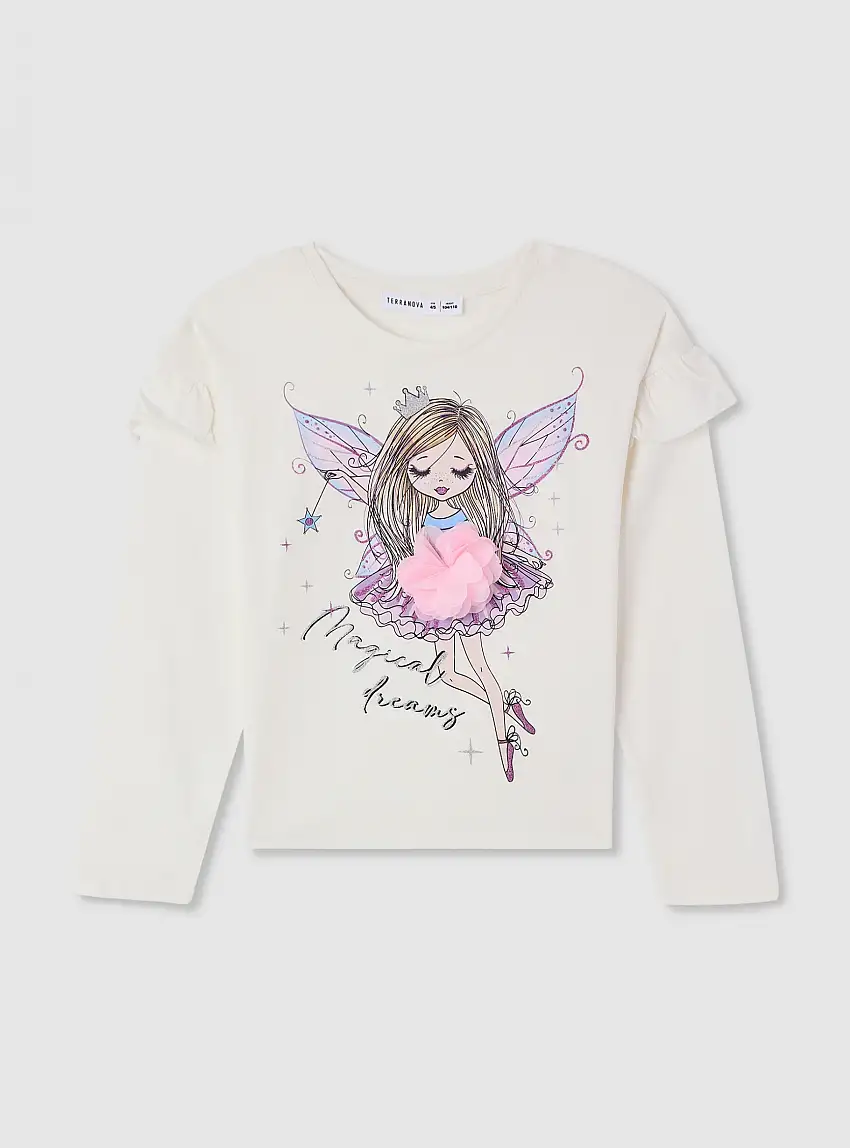 T-shirt stampa fata e volant Bianco lana