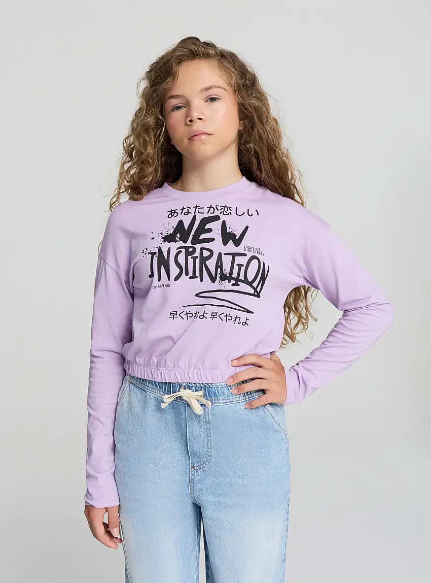 T-shirt crop con stampa graffiti Lilla scuro