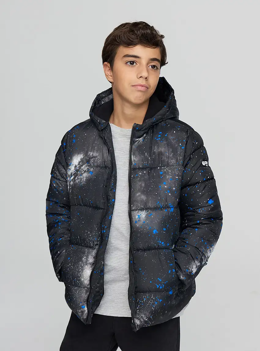 Giubbotto imbottito fantasia con cappuccio e zip Nero