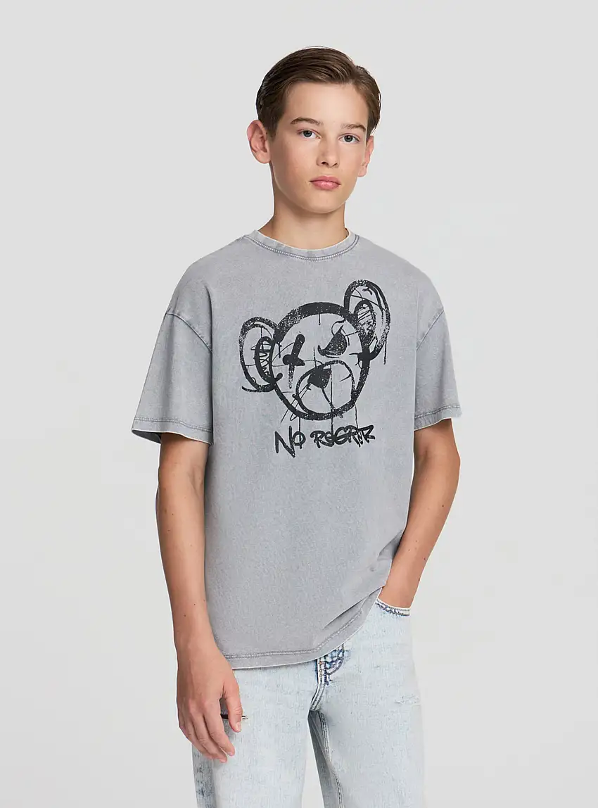 T-shirt stampa orso acid wash Grigio cemento