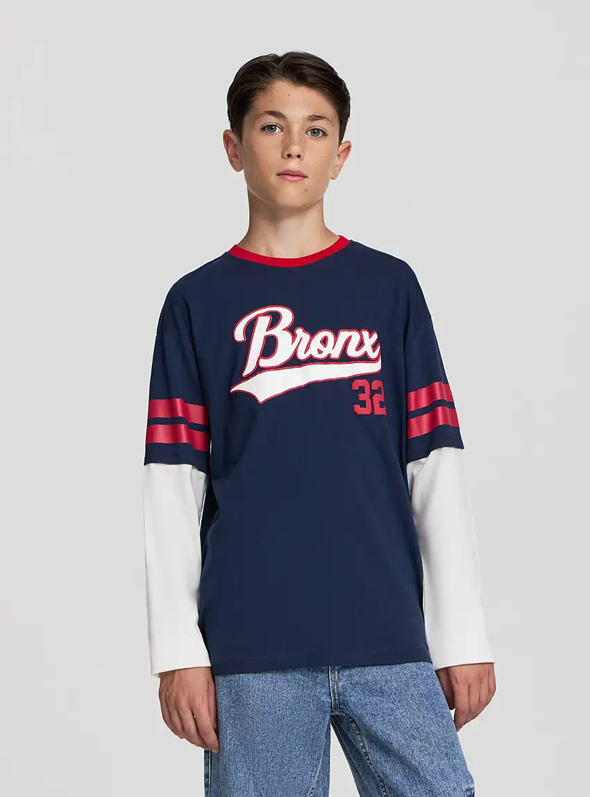 T-shirt maniche lunghe doppiate con bande Blu denim scuro