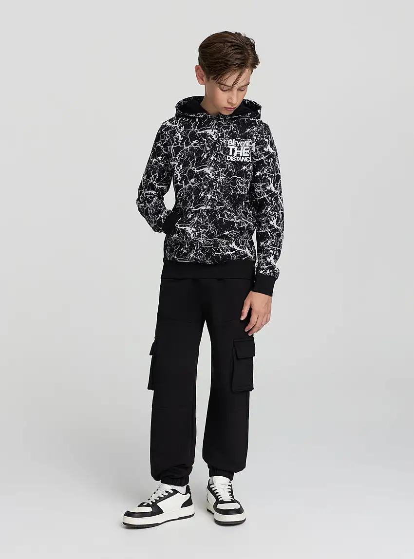 Felpa con cappuccio stampa effetto marmo Nero