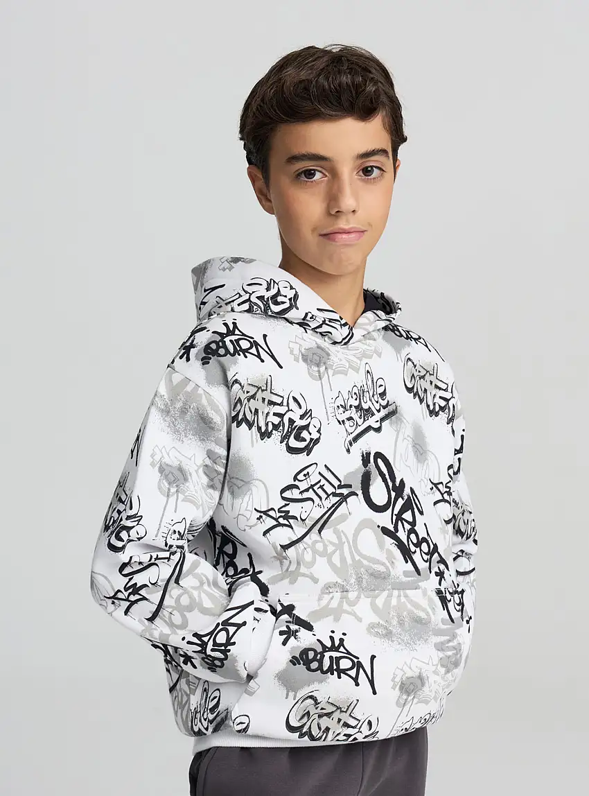Felpa stampa graffiti con cappuccio Bianco ottico