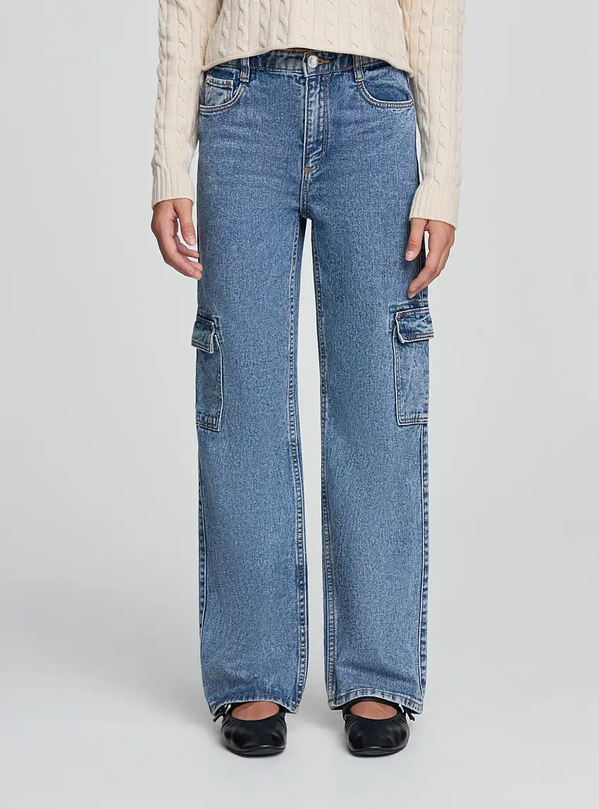Jeans wide leg cargo Var blu denim medio