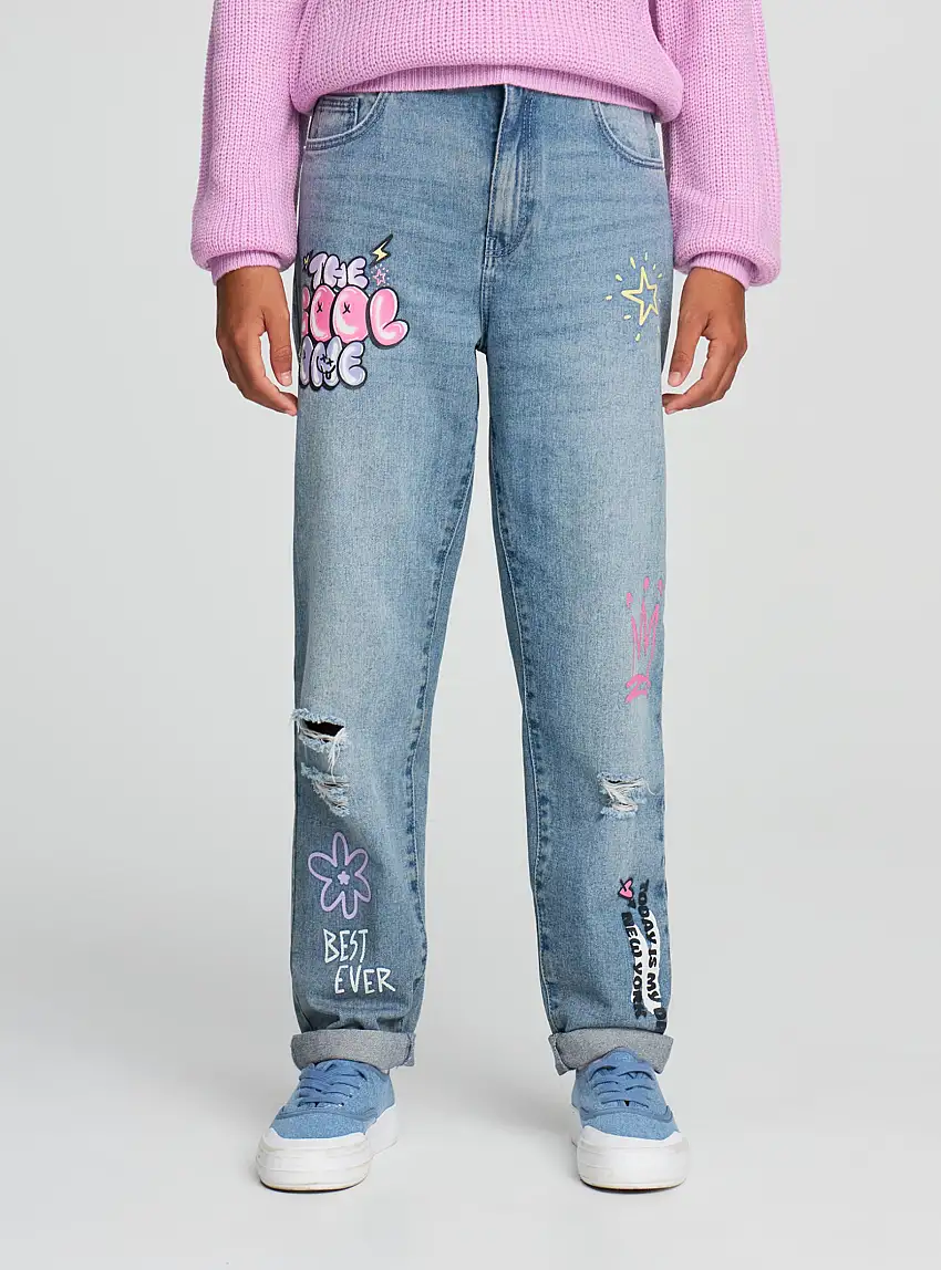 Jeans mom fit con stampe e strappi Var blu denim medio
