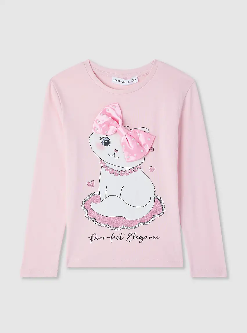 T-shirt stampa gatto con fiocco Rosa cipria