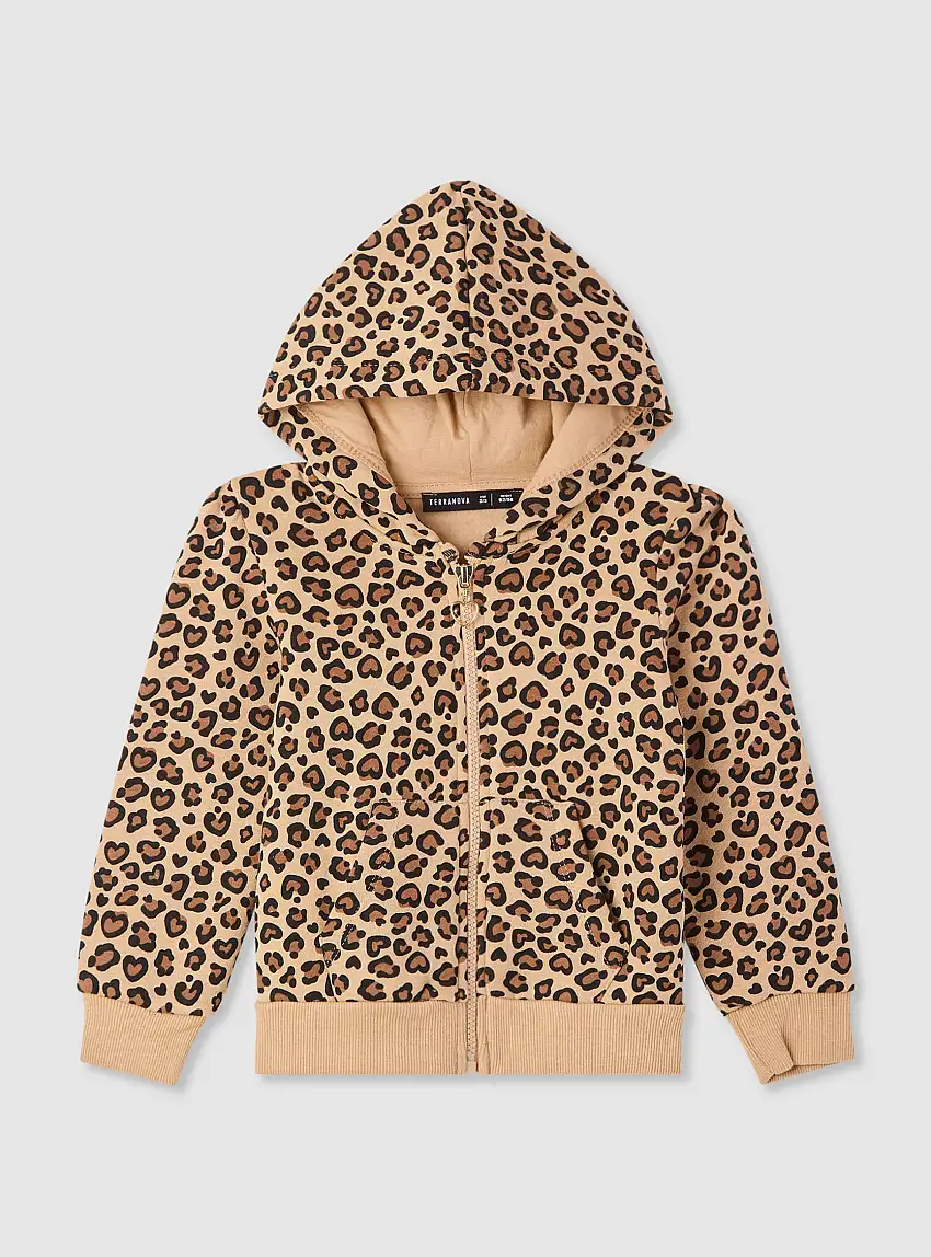 Felpa con cappuccio con zip animalier Var beige