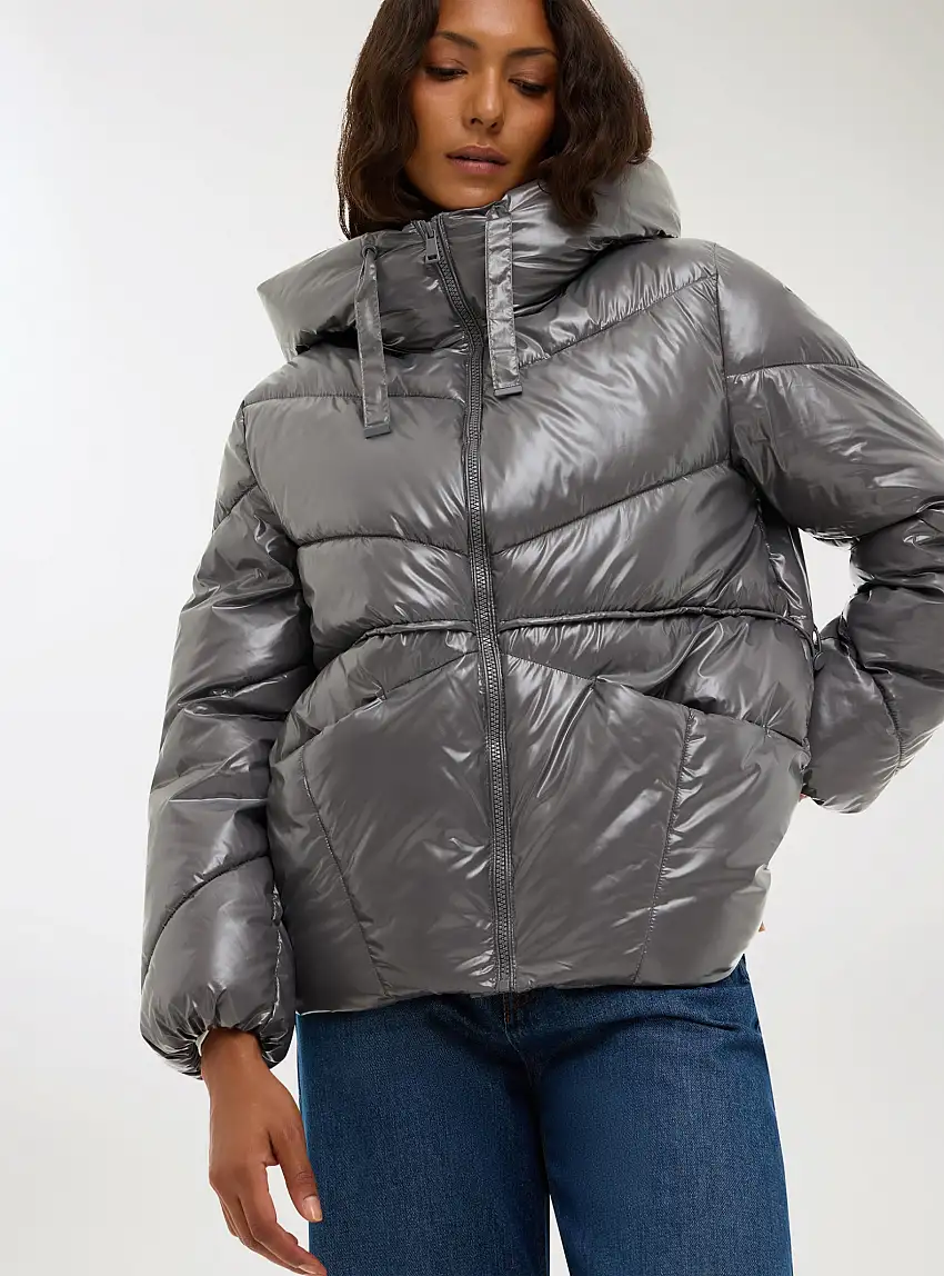 Giubbotto imbottito lucido con cappuccio Grigio scuro