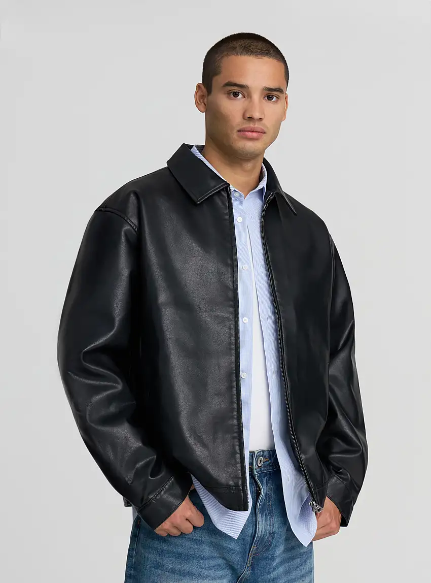 Giacca similpelle con collo camicia Nero