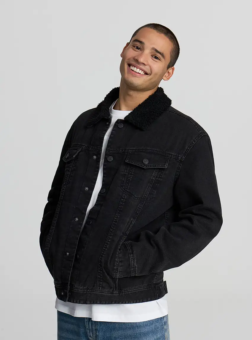 Giubbino in denim con interno effetto pelo Nero denim