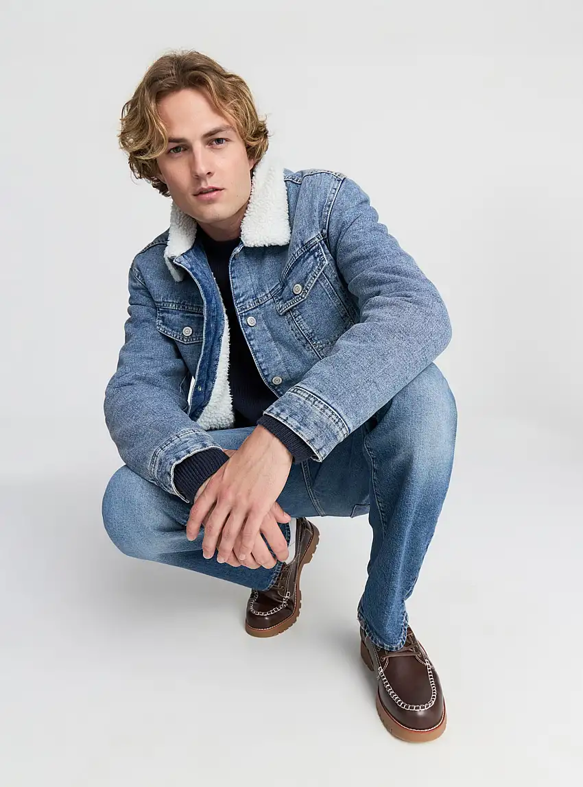 Giubbino denim con interno similpelo Blu denim medio