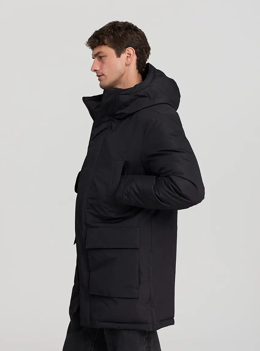 Parka imbottito con cappuccio e tasconi Nero