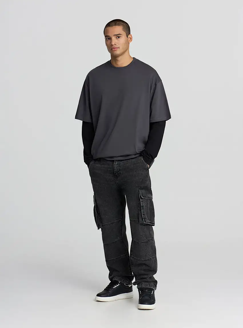 Jeans cargo oversize acid wash Nero denim