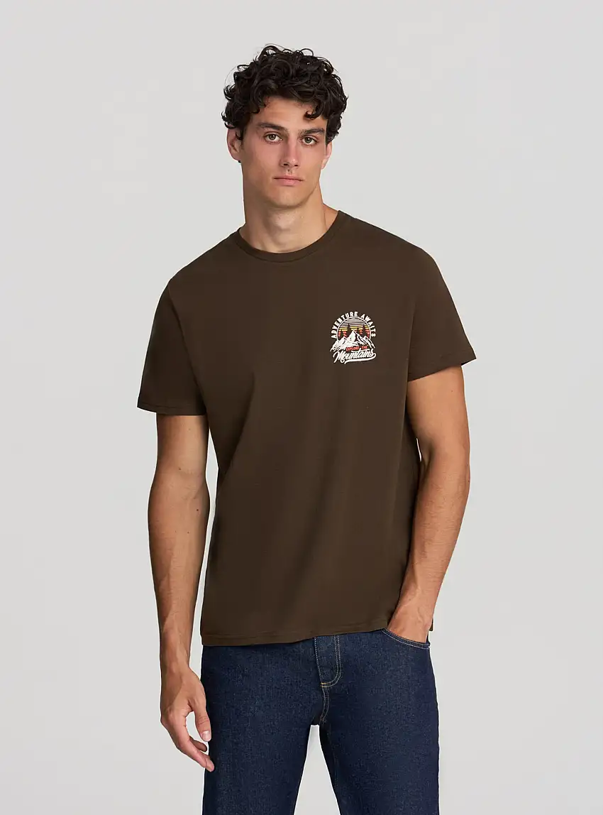 T-shirt con stampa montagna fronte/retro Marrone