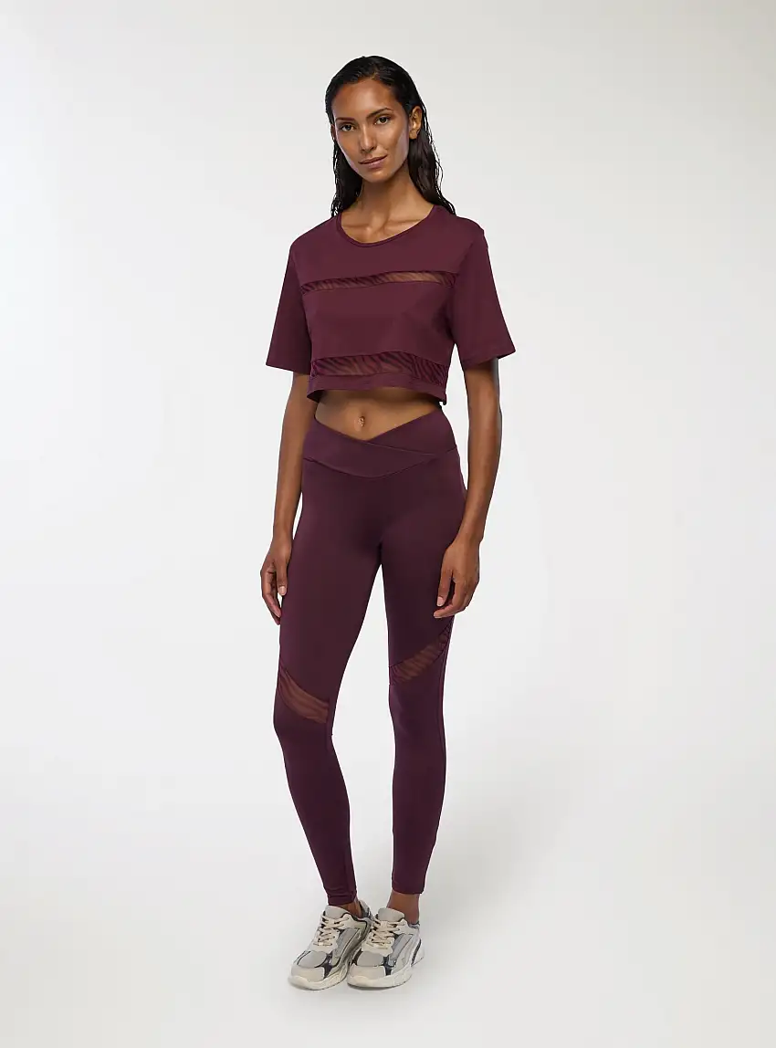 Leggings lunghi con trasparenze e fantasia animalier Prugna