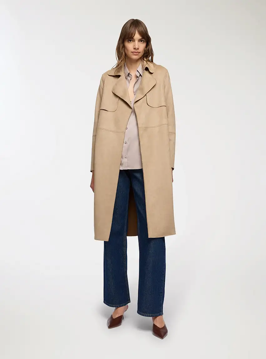 Trench simil pelle scamosciata con cintura Beige