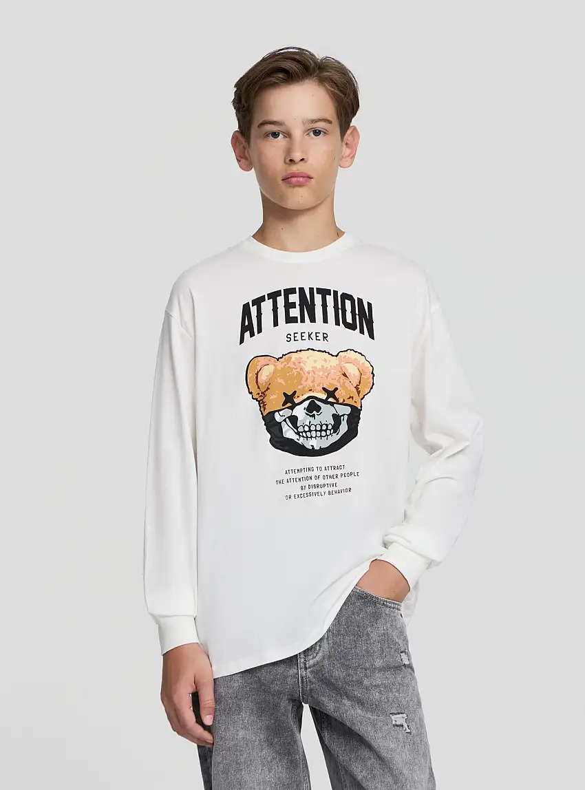 T-shirt maniche lunghe con stampa orso e scritta Bianco lana