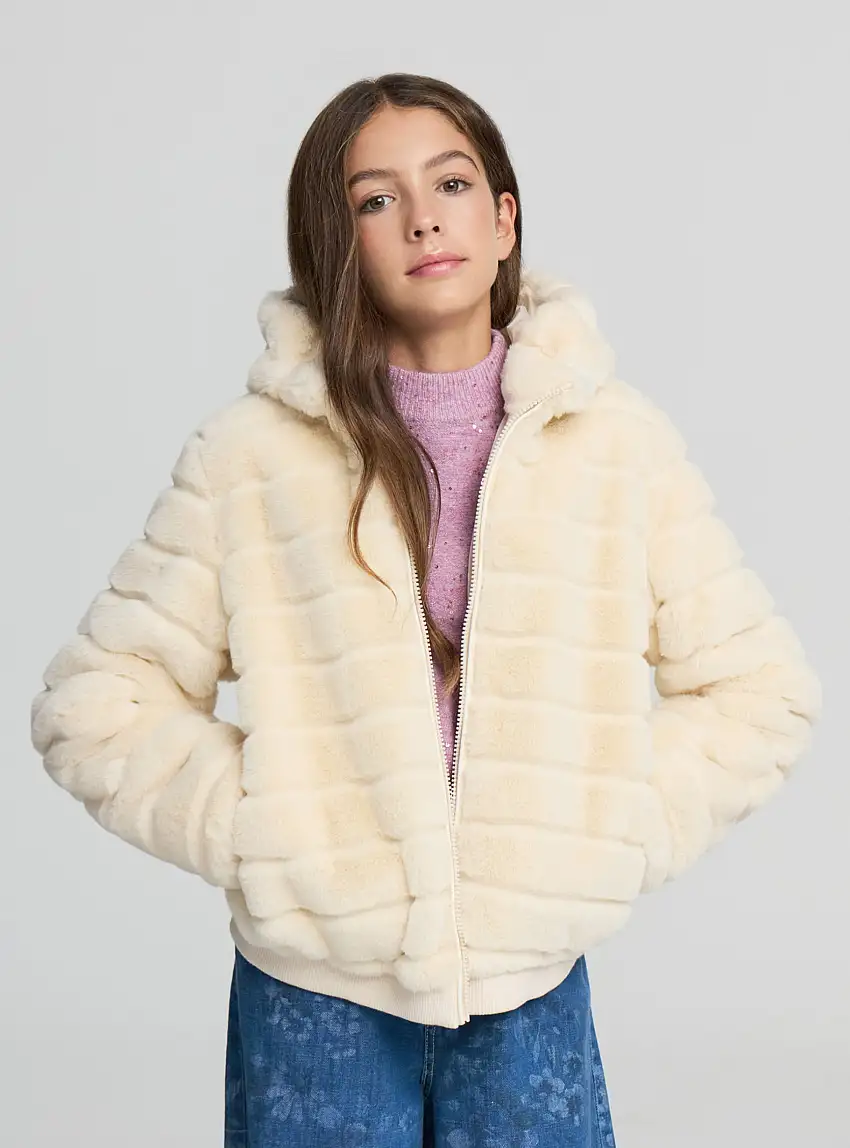Bomber con cappuccio in similpelliccia Avorio