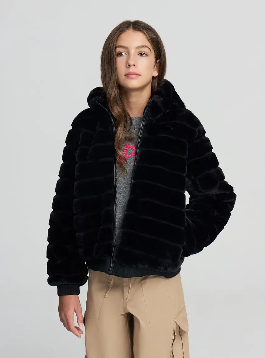 Bomber con cappuccio in similpelliccia Nero