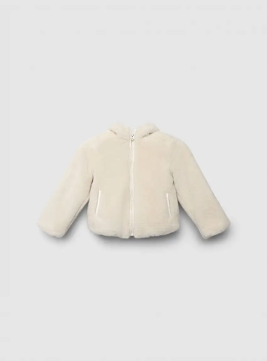Giubbotto in similpelliccia con cappuccio e zip Avorio