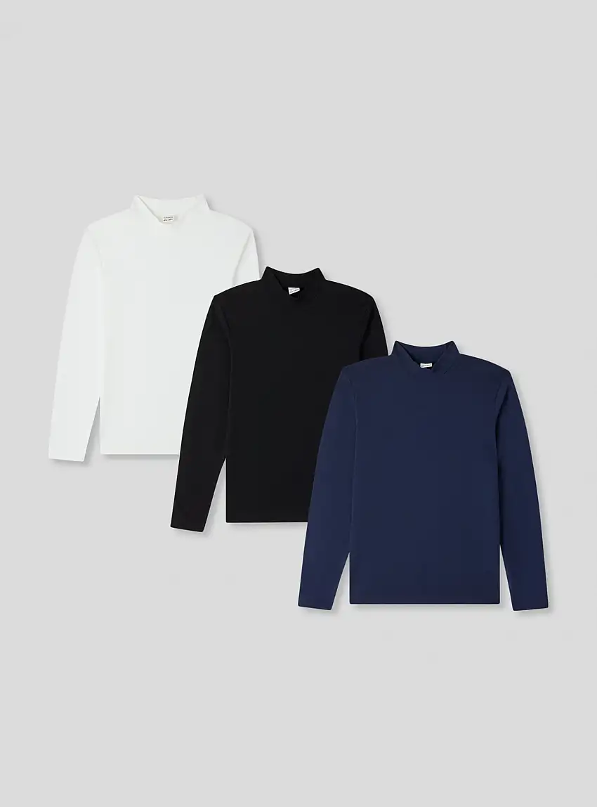 Pack 3 t-shirt maniche lunghe a lupetto 1x Blu, 1x Nero, 1x Bianco