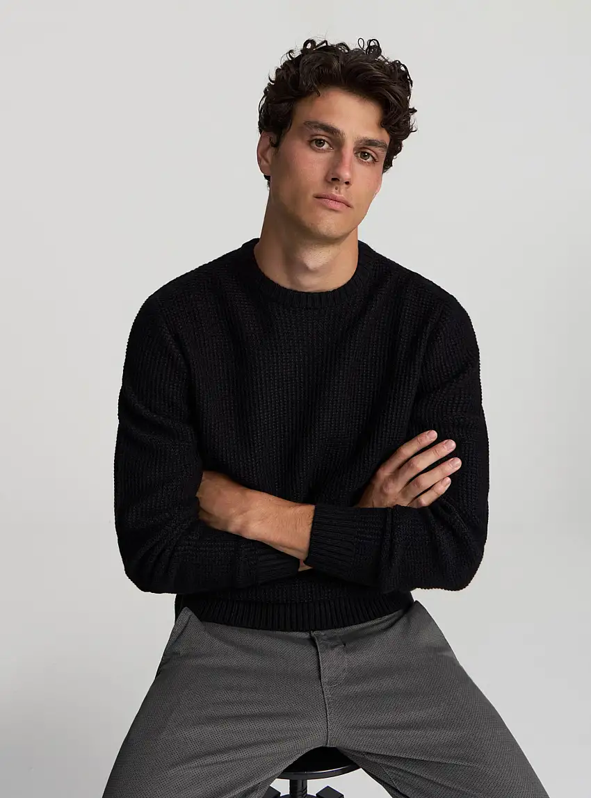 Maglia girocollo in punto mosso pesante Nero