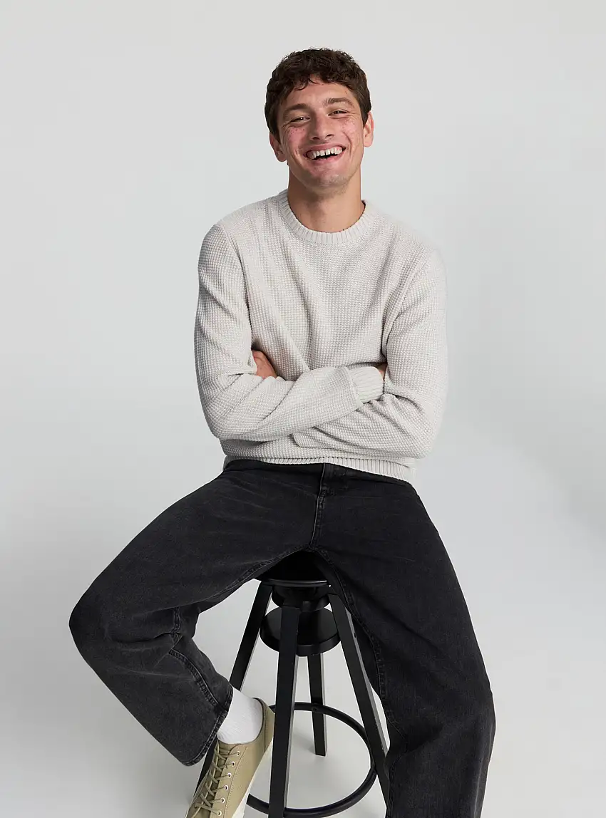 Maglia girocollo in punto mosso pesante Avorio melange