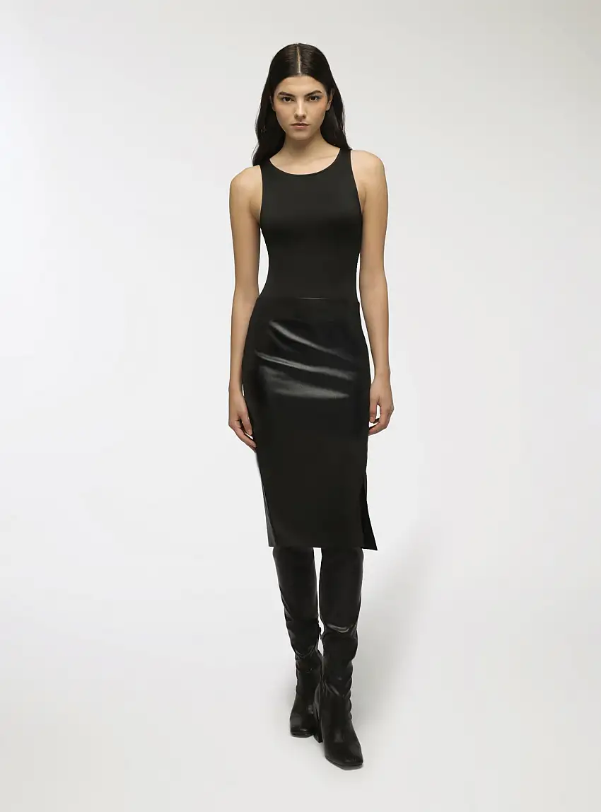 Gonna midi similpelle con spacco Nero