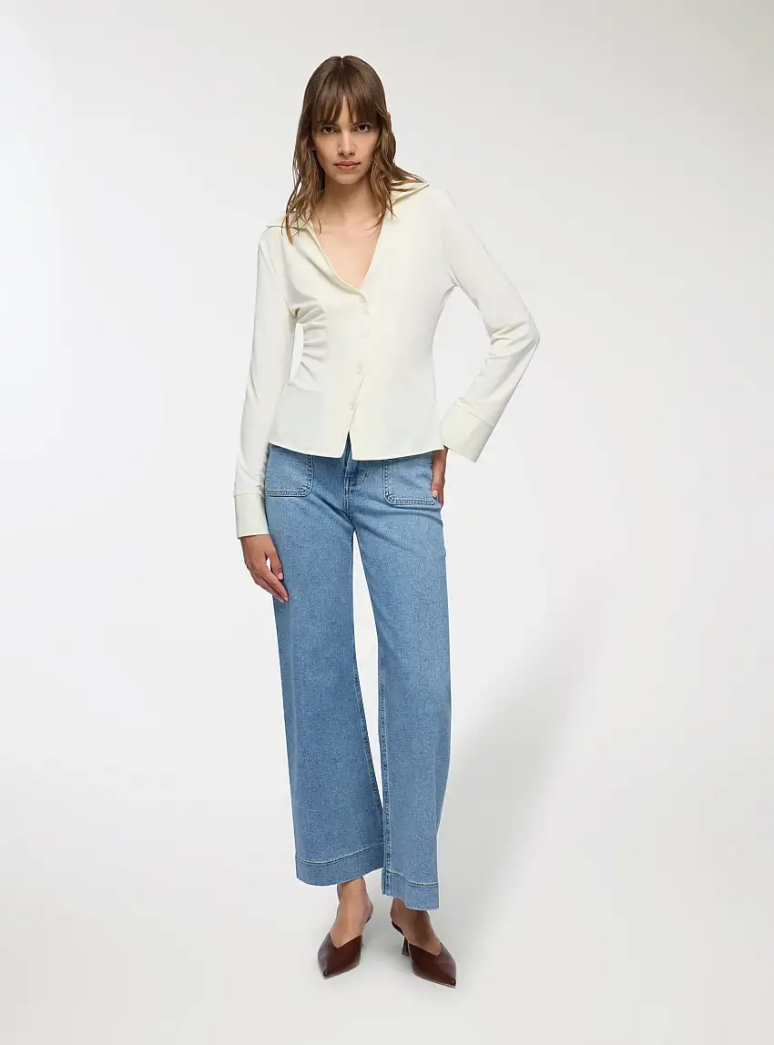 Camicia slim fit scollo a v Bianco lana