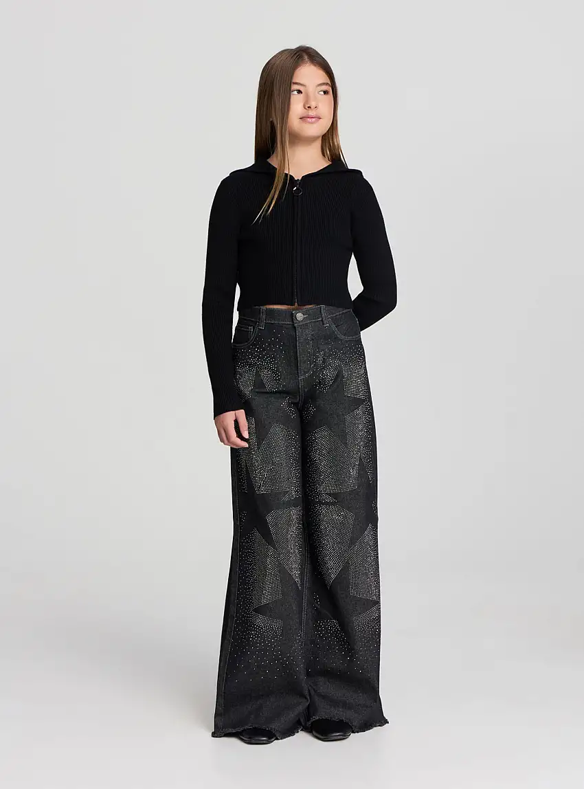 Cardigan crop con cappuccio e zip Nero