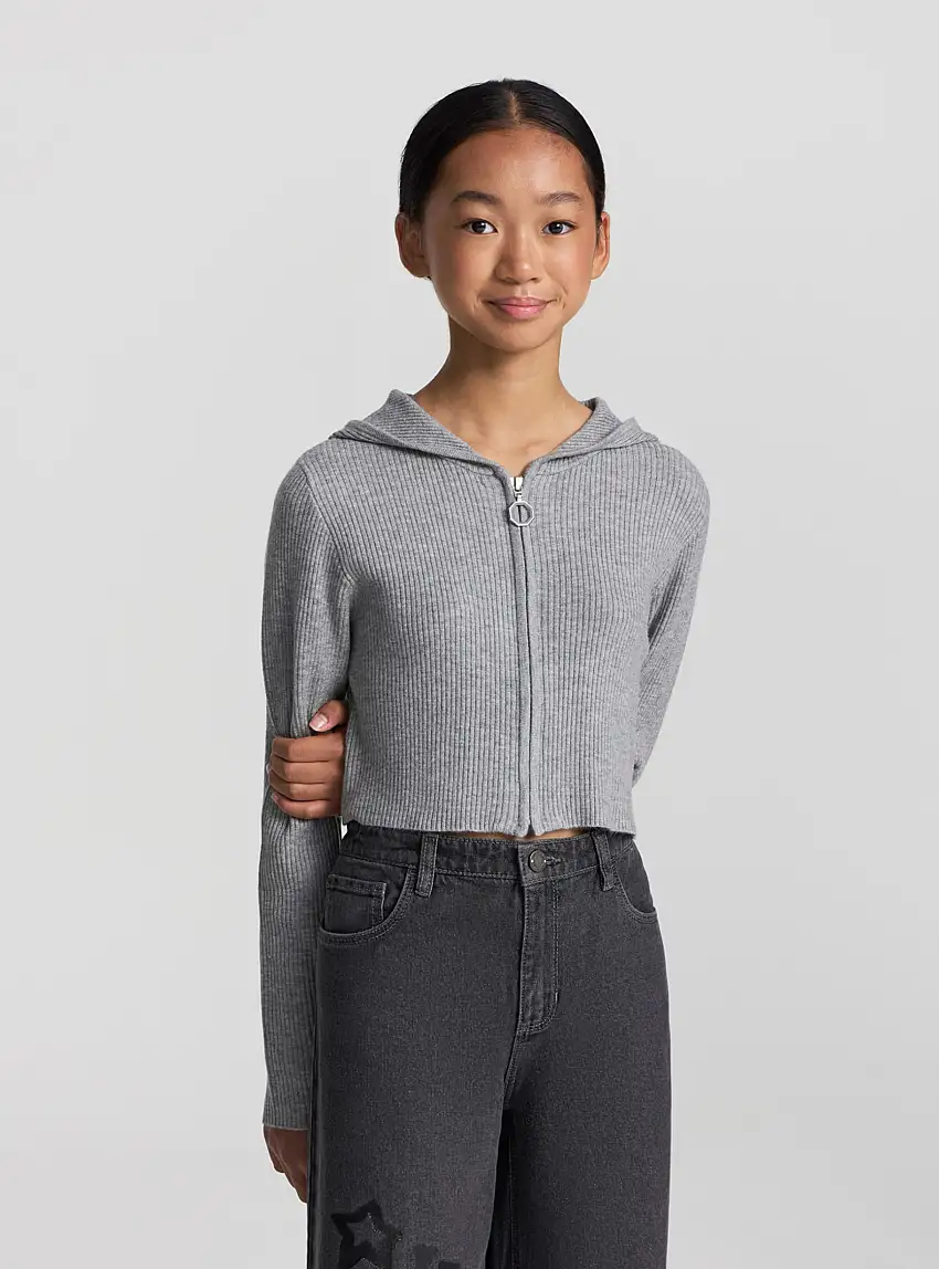 Cardigan crop con cappuccio e zip Grigio medio melange