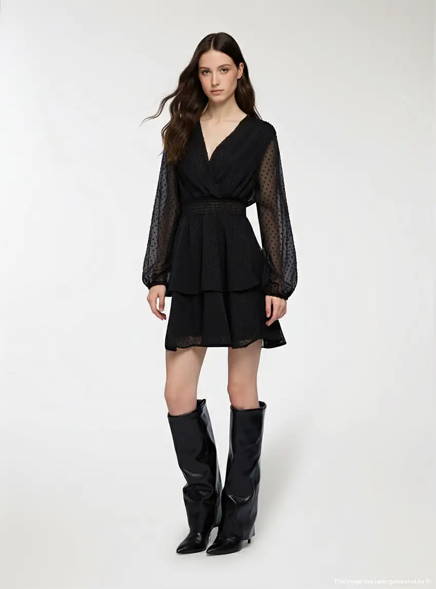 Vestito con balze e maniche lunghe Nero