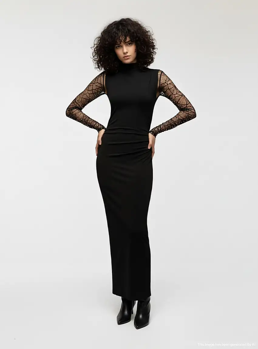 Vestito lungo drappeggiato collo alto Nero