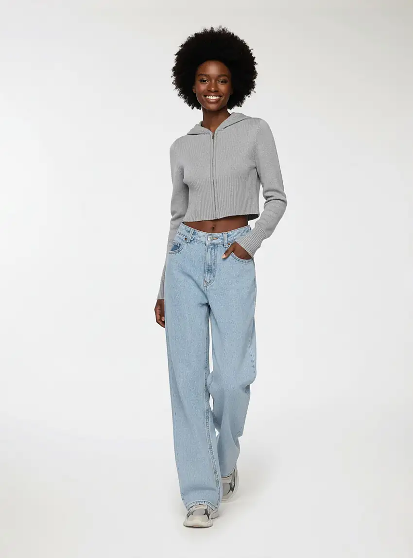 Maglia crop con zip e cappuccio Grigio medio melange